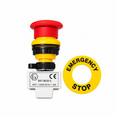 کلید قارچی اضطراری ضدانفجار واروم مدل BXT-8030-E با شستی قرمز و حلقه زرد EMERGENCY STOP